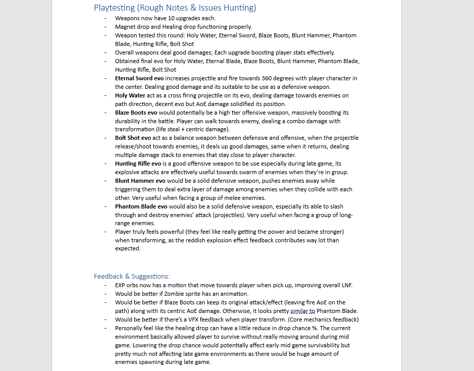 Issue-hunting playtest notes covering weapon evolutions and feedback