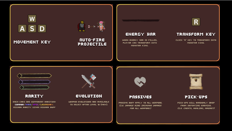 Tutorial system concept screens covering movement, transformation, rarity, evolution, passives, and pickups