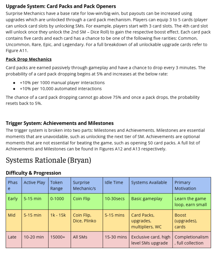 Upgrade system and card pack mechanic design document with systems rationale table