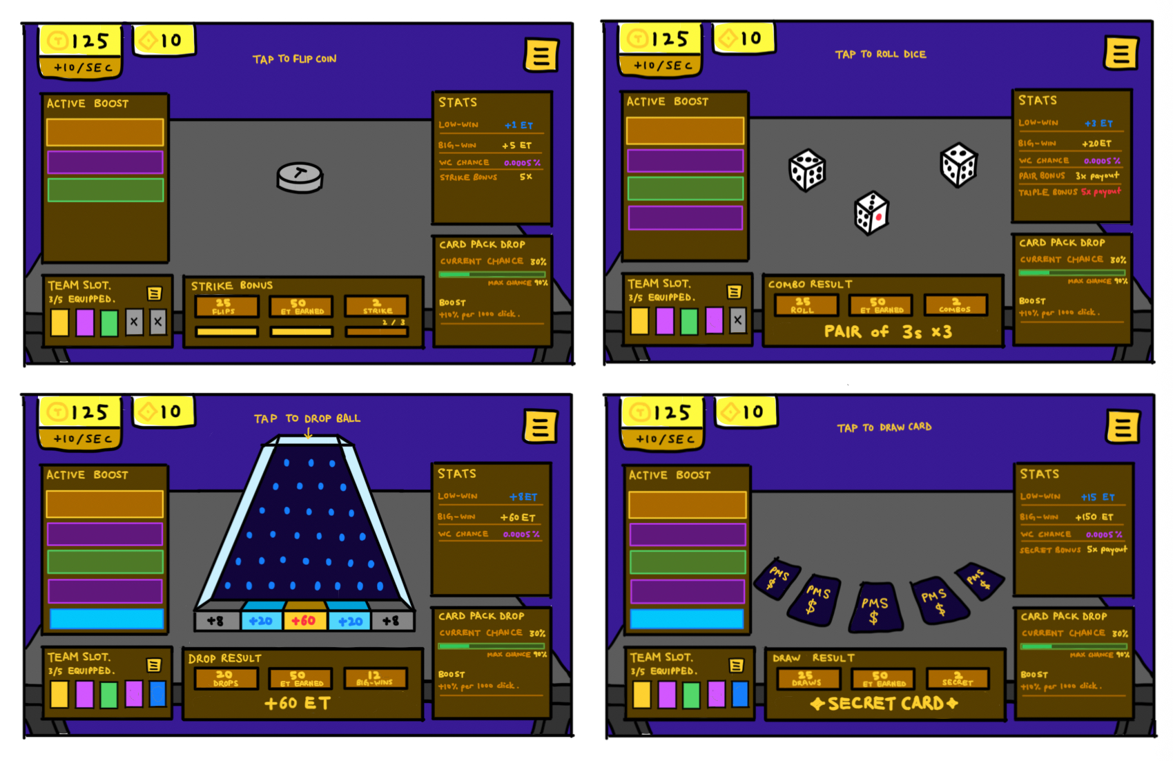 Early UI wireframes for the Coin, Dice, Plinko, and Card Draw mini-game screens